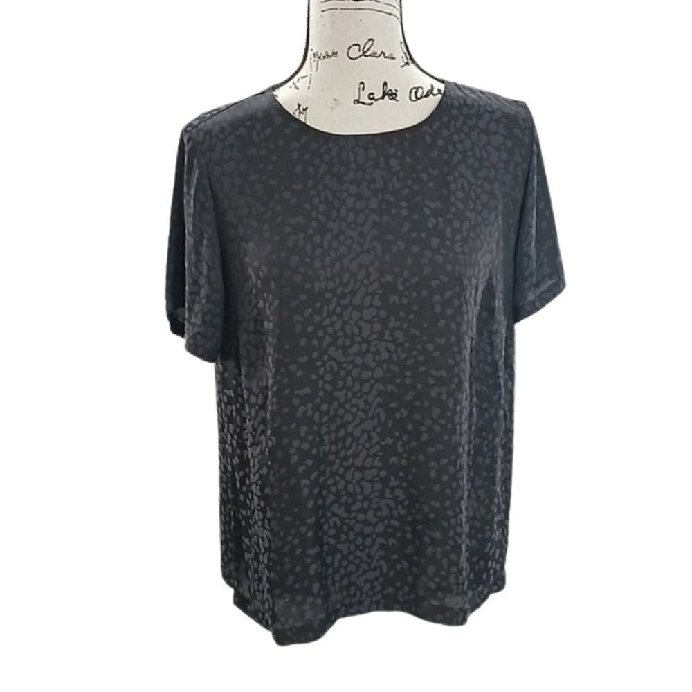 A New Day Blouse Black Leopard Print Silky Short Sleeve Keyhole Back Size M